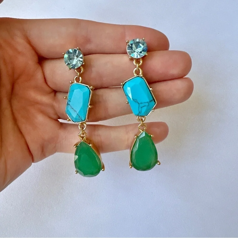 Kate Spade Turquoise Blue Green Linear Fiesta Crystal Dangle Drop Earrings, OS